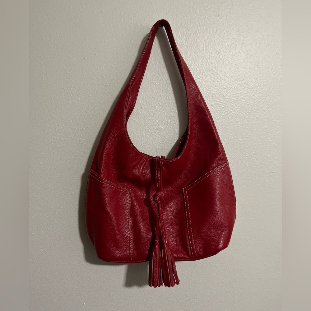 Red Leather Laggo Bag with Tassel Accent